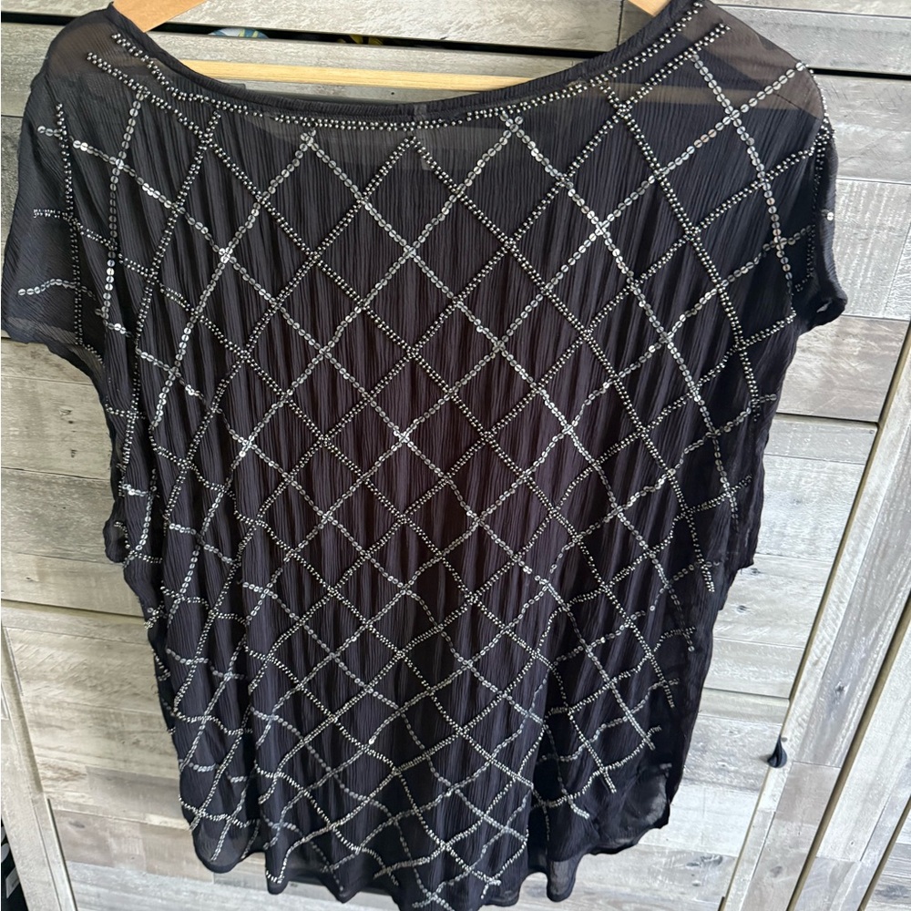 Free People Black Beaded Lattice Short Sleeve Top